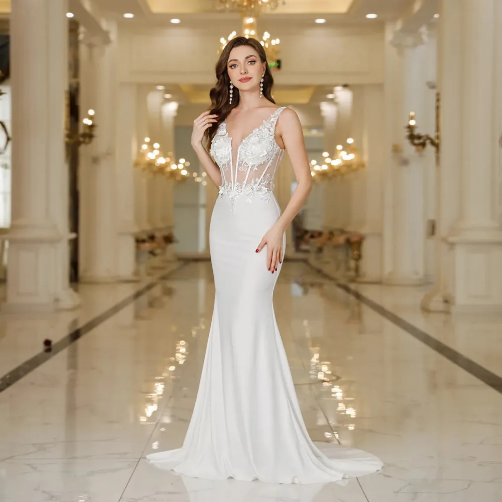 

2024 New Sexy Backless Mermaid Wedding Dresses Deep V Neck Appliques Ivory Bridal Gowns Sweep Train Robes Vestidos De Novia