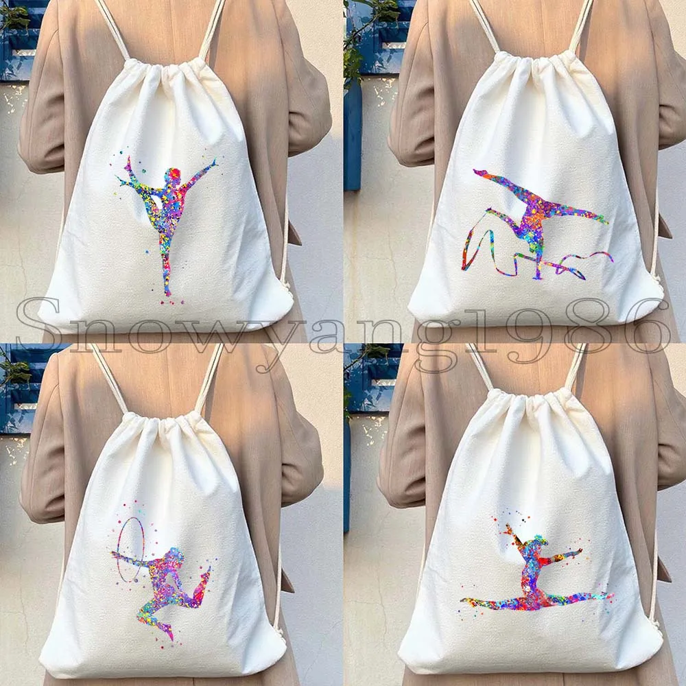 Retro Gym Girl Silhouette Watercolor Rhythmic Gymnastics Sport Gymnast Cute Gifts Canvas Drawstring Bag Backpack Sports Sackpack