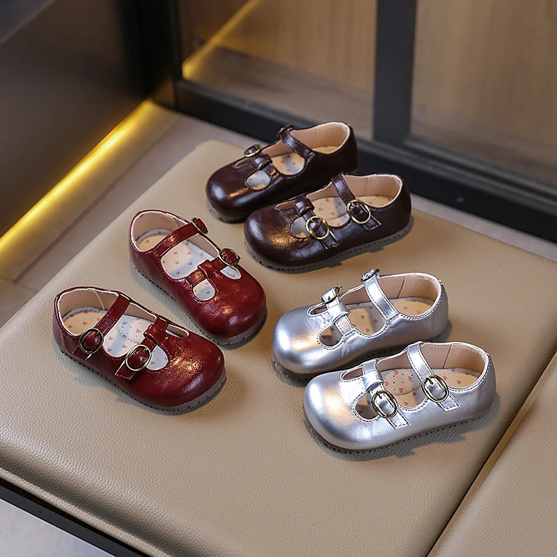 

New Fashion Girls Leather Shoes T-strap Hollow-out Children Retro Flat Shoes Simple Trend Kids Causal Ballet Shoes Solid Color