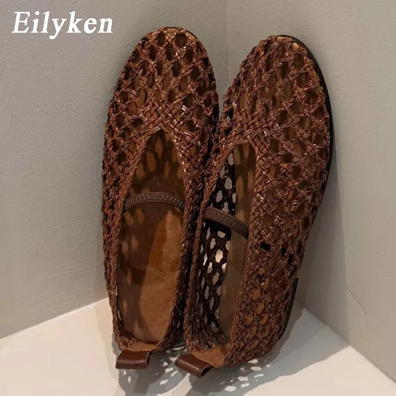 Eilyken Sommermode Runde Zehenpartie Gewebtes Mesh Hohles Flaches Design Damen Loafer Slip-On Freizeitschuhe für Frauen Strand-Sandalen Zapatos De Mujer