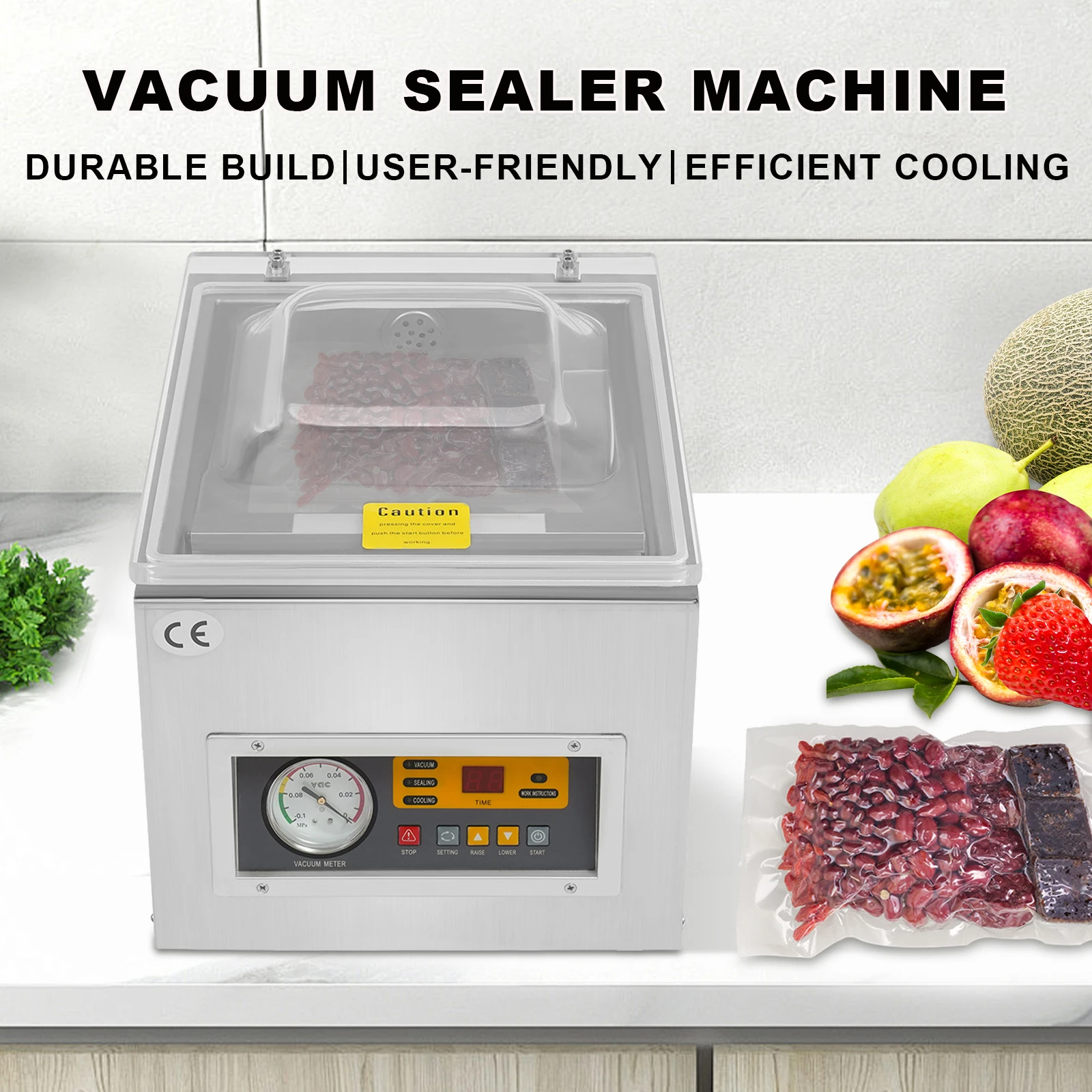 

Vacuum Sealer Machine 110V, Stainless Steel Chamber Food Sealer for Storage, 1Kpa Powerful Suction for Freshness