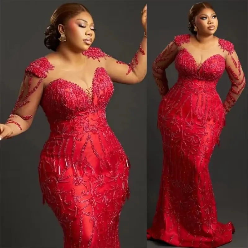 2027 Customized plus Size Red Prom Dresses Long Sleeves Crystals Rhinestones Illusion Evening Gowns for Party Reception