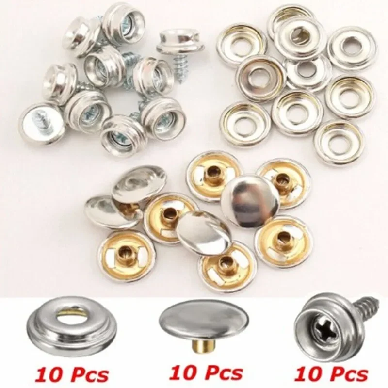 30pcs(10 Set) Stainless Steel Push Button Screws Snap Fastener DIY For Persenning Plane Tent Boat Canvas Screw Sockets Buttons