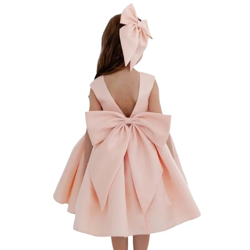 Rosa Satin-Hochzeitsfestkleid für Mädchen, Rundhalsausschnitt, V-Rücken, knielang, Geburtstagskleid mit Schleifen, Ballkleid für Kleinkinder, Kinder von 1–12 Jahren – Detail 2