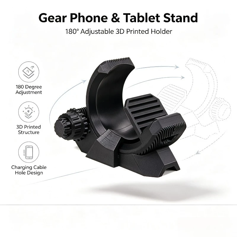 3D Printed Gear Phone Tablet Stand, 180° Adjustable Holder with Cable Hole, Creative Desktop Decor.Sold in Sets of 10
