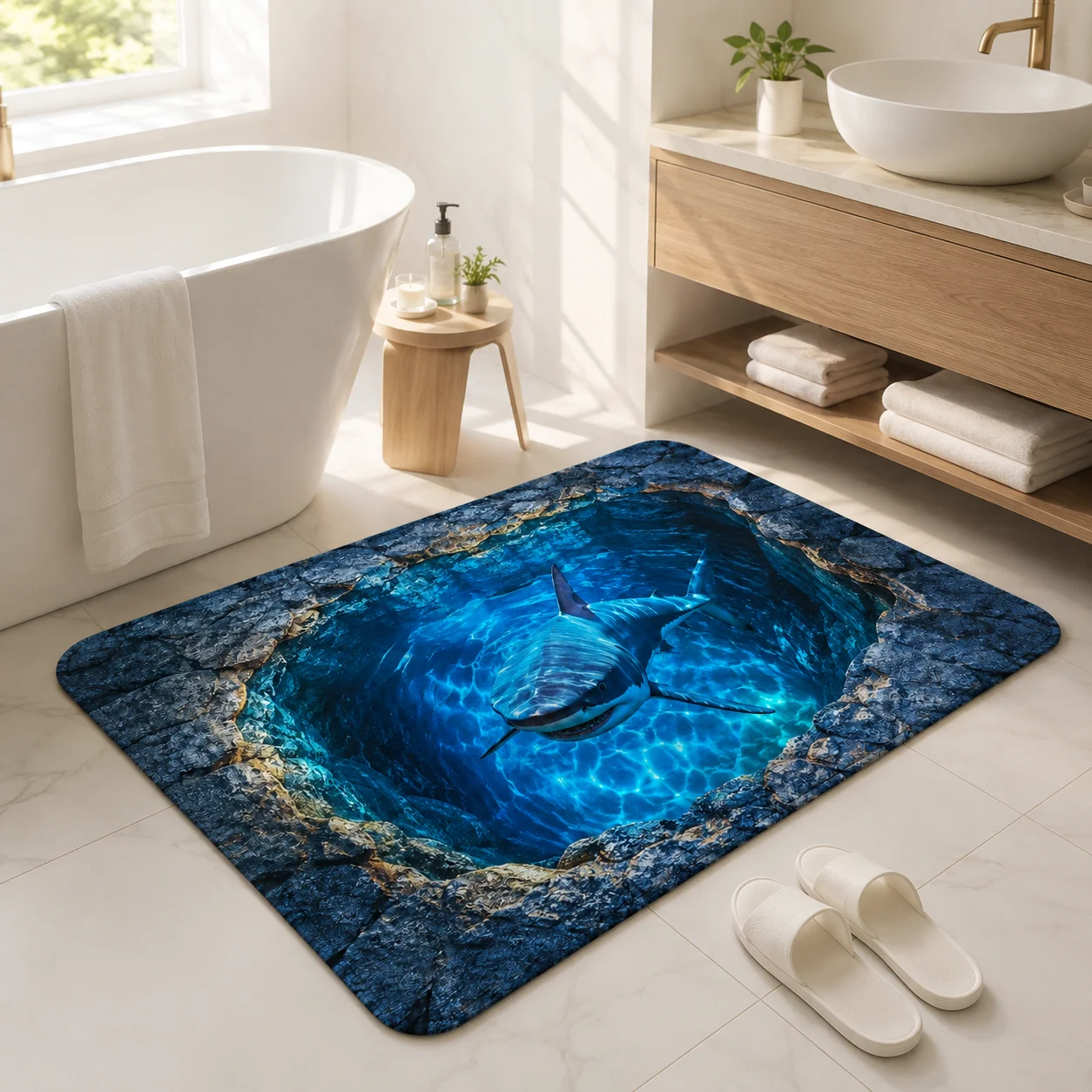 3D Fantasy Shark Water Rug Ocean Shark Hole Floor Mat Visual Illusion 3D Custom Anti-slip Bathroom Bedroom Mats Home Decoration
