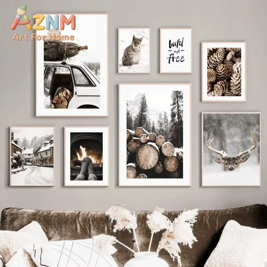 Wall Art Canvas Painting Christmas Winter Pine Forest Deer Lynx Modern Living Room Decoration Posters and Prints Wall Pictures