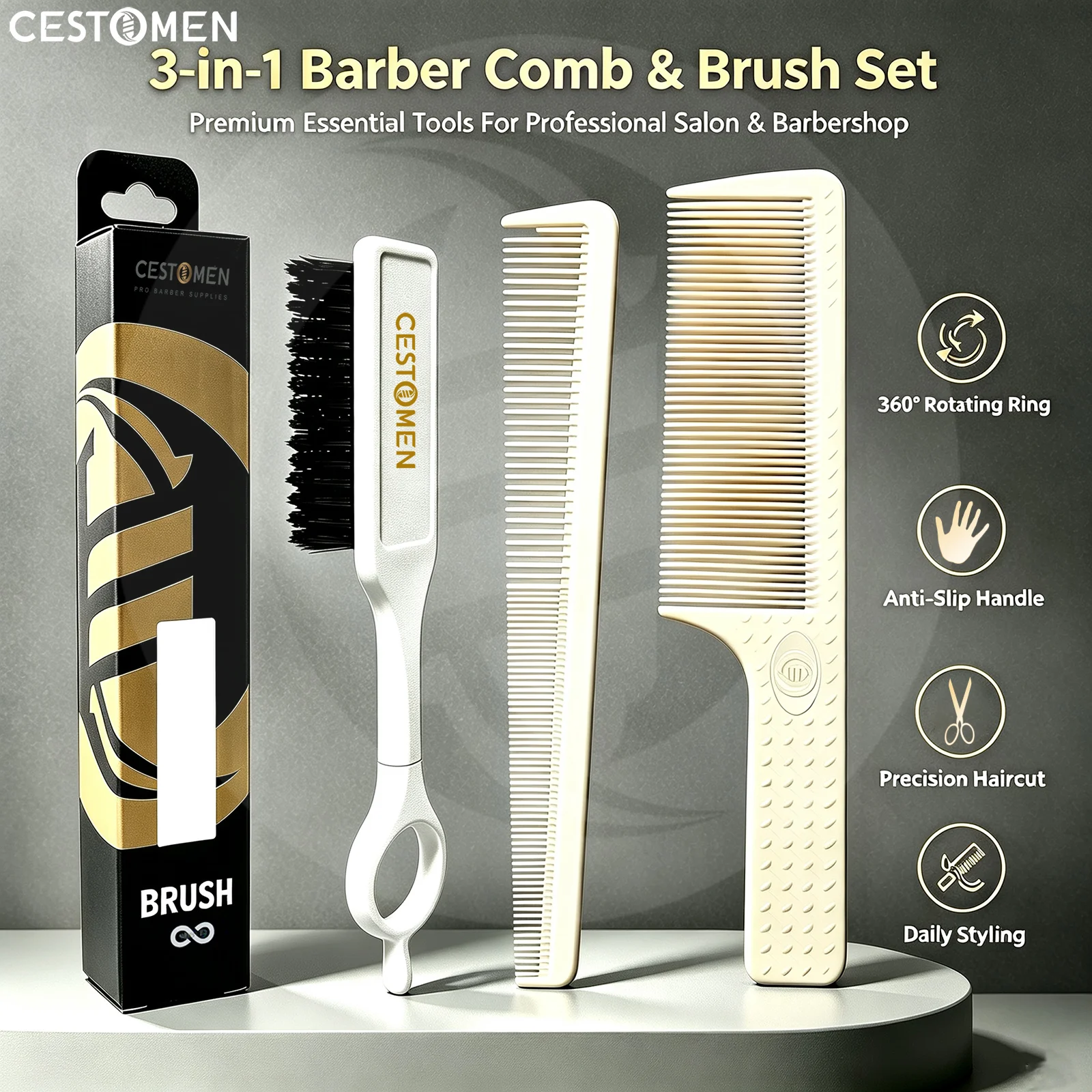 3pcs Pro Barber Combs Kit For Men Flattop Haircut Combs Anti-static Wide Fine Tooth Taper Combs Rotate Fade Brush Styling Tools