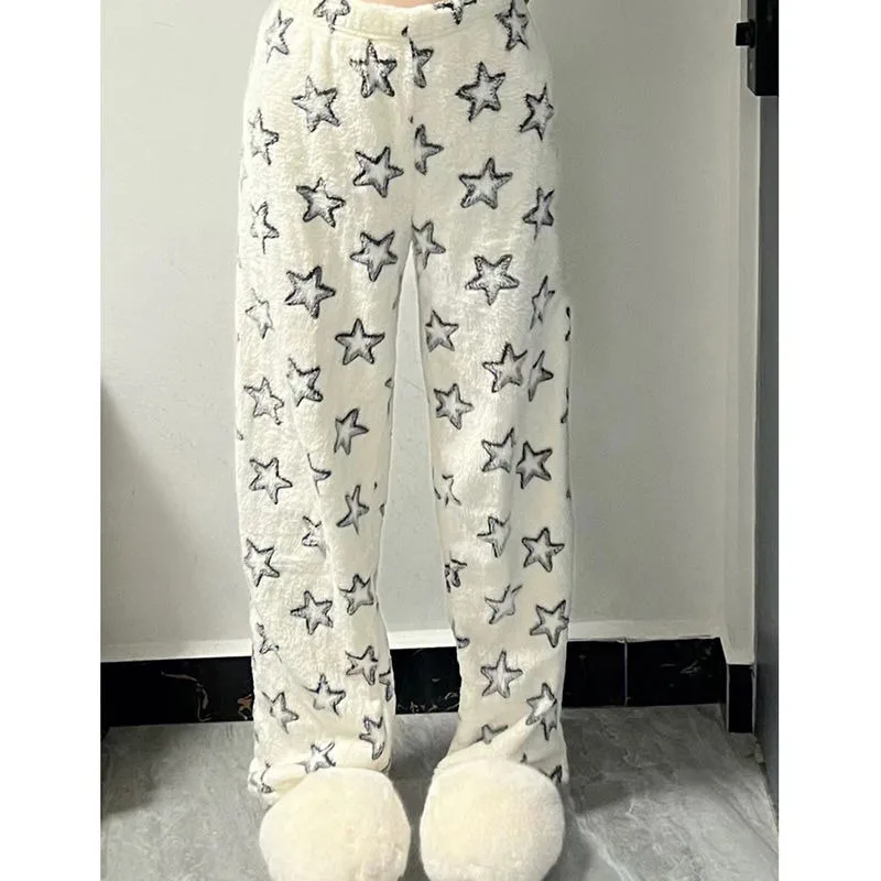 Advanced Five-pointed Star Flannel Pajama Pants Female Autumn and Winter New Style Thickening Type Warm Loose Fallow Home Pants