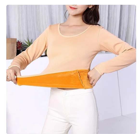 Women Winter Long Sleeve Single Layer Soild Color Velvet Thermal Clothing Underwear O-Neck Basic For Thermos Tops Female