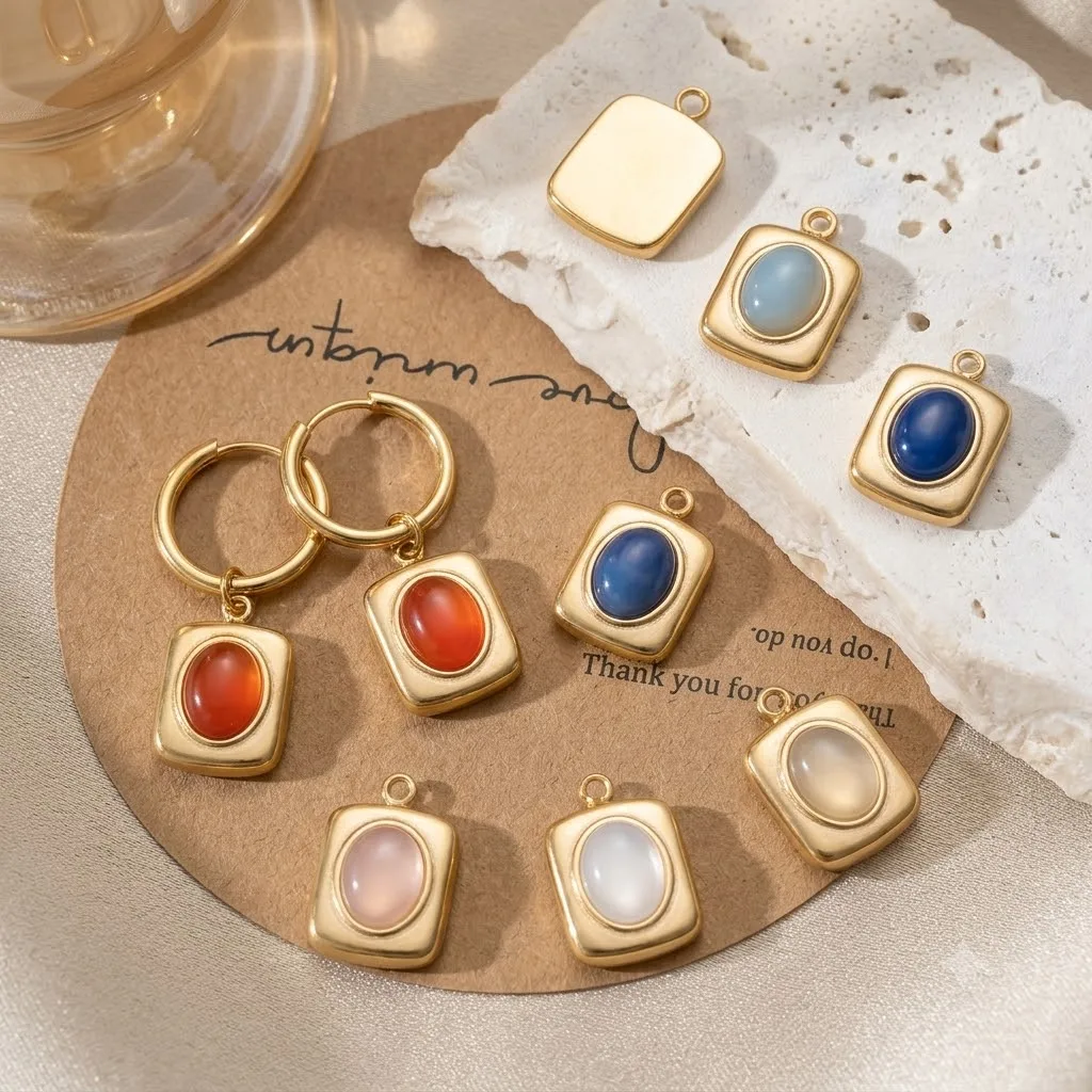 5 Stück Edelstahl-Stein-Rechteckanhänger für Halsketten, Charms, Ohrringe, Material für DIY-Armbänder, Schmuckherstellungszubehör – Detail 1