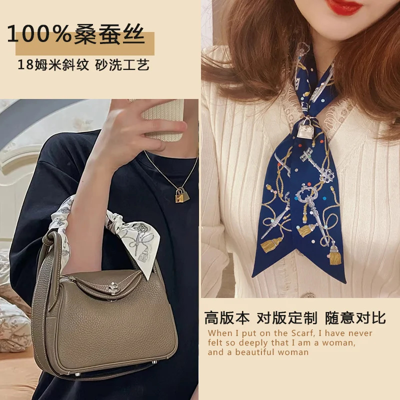 2023 Brand Design Twill 100% Real Silk Scarf Women Brand Scarf Skinny Luxury Bag Scarves Foulard Neckerchief Hair Headband