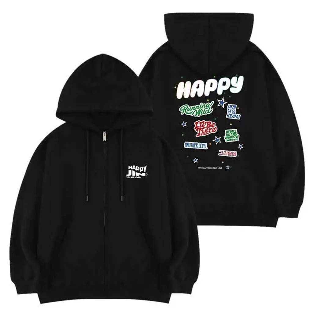 kpop Y2K jin Ins Happy Black Printe Hoodies Pullover Zipper Woman Clothing Y2k Streetwear Loose Fashion Sweatshirts