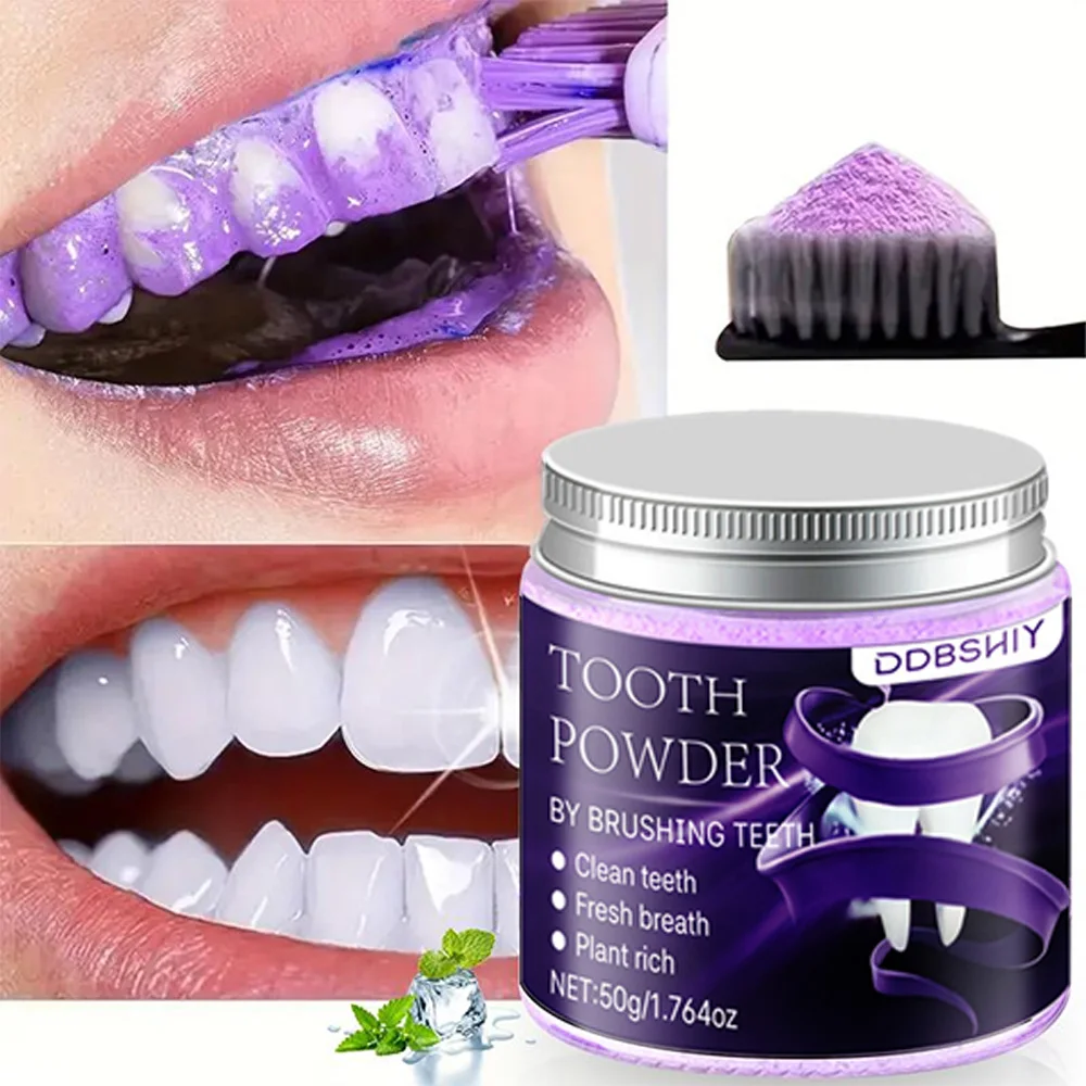 Purple V34 Teeth Whitening Powder 50g Natural Plant Tooth Powder Remove Coffee Tea Smoke Stains Fresh Breath Deep Clean Oral Car