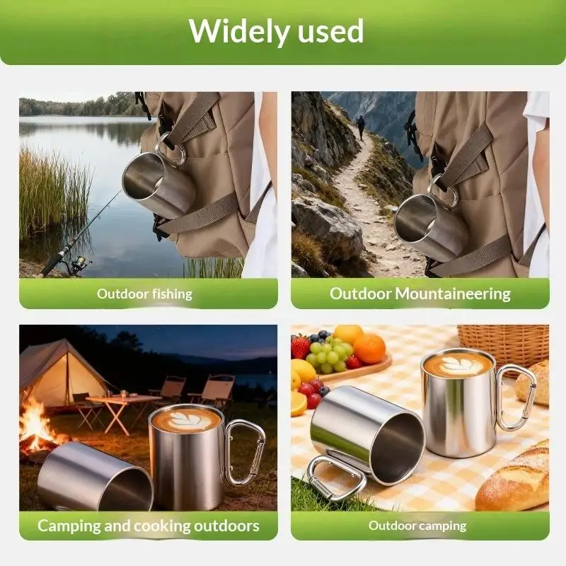 Double Wall Stainless Steel Camping Cup With Carabiner Handle Portable Heat Resistant Coffee Cup For Outdoor Picnic Travel
