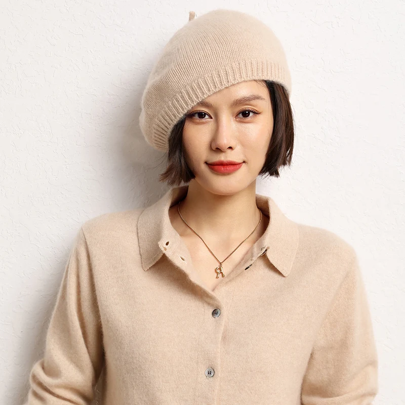 High-grade Winter Beret Hat For Women Flat Knitted 100% Goat Cashmere Hat Autumn Lady New Cashmere Cap Women Caps Women Berets