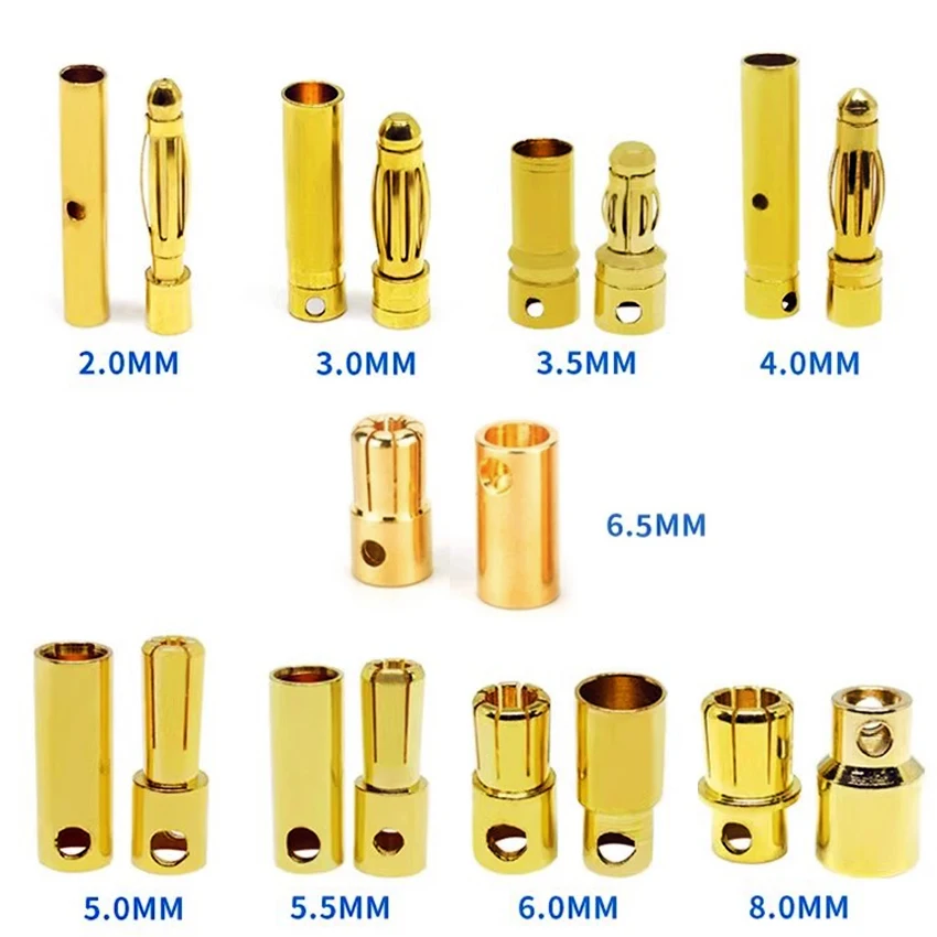 5쌍 2mm 3mm - 8mm 불릿 바나나 플러그 금도금 바나나 수컷 암컷 커넥터 배터리 플러그 키트 RC 배터리 부품 DIY용