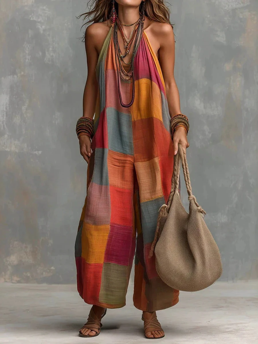 Onecozyday Women Halter Sleeveless Color Block Patchwork Wide Leg Jumpsuit Loose Linen Blend Boho Vacation Baggy Overall