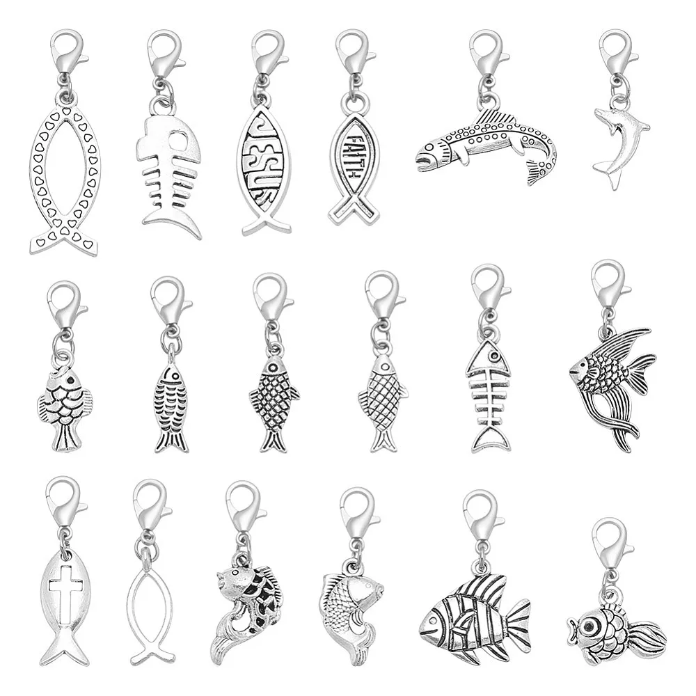 36 Pcs 18 Styles Fish Charms with Lobster Clasp Dolphin Fish Fishbone Carp Clip on Charms Assorted Silver Zipper Puller Pendants
