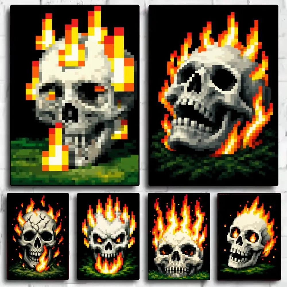 Vibrant Pixel Skull & Flames Painting Calligraphy Anti-wrinkle Canvas Poster Wall Mural Art Photos for Room Home Spaces Decor