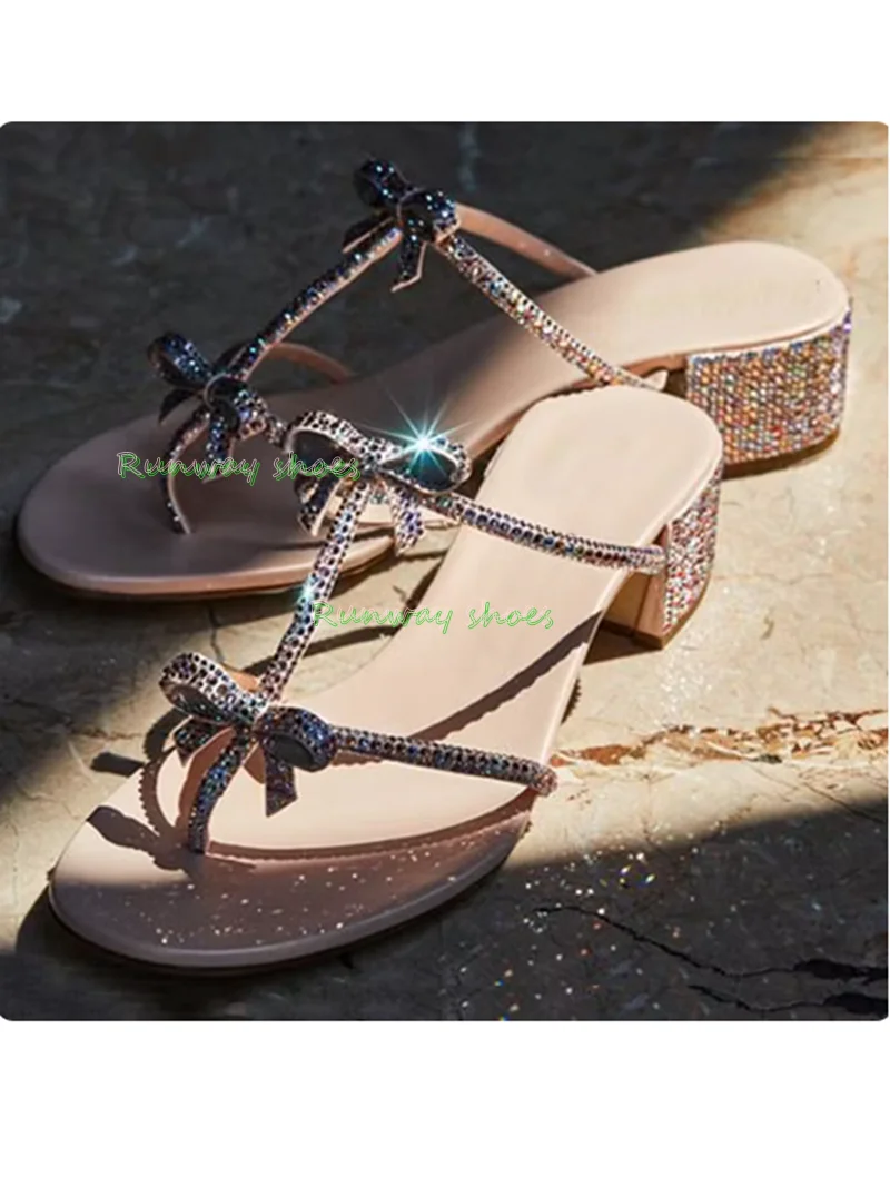 Rhinestone Bow Block Heel Sandals Multicolor Crystal Bow T‑Strap Ankle Buckle Strap High Heels Rhinestone Luxury Women's Shoes