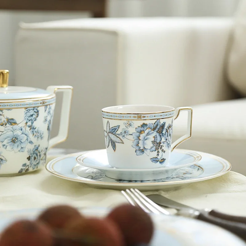 English Bone China Coffee Cup Saucer Set Pot Milk Jug Sugar Jar European Home Drinkware Ceramic Blue Peony Overglaze Plate