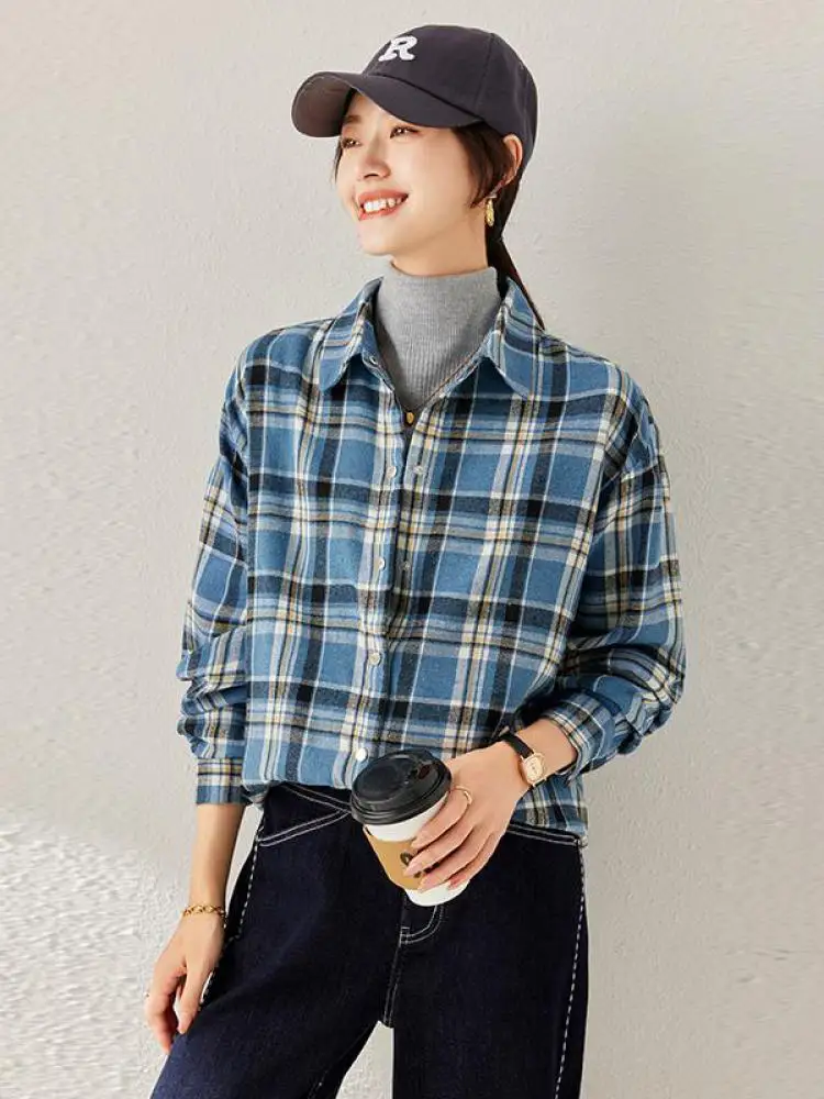 

Korean Autumn Blue Plaid Single Breasted Long Sleeved Temperament Shirt Women Elegant Versatile Professional Blouse Tops Trendy