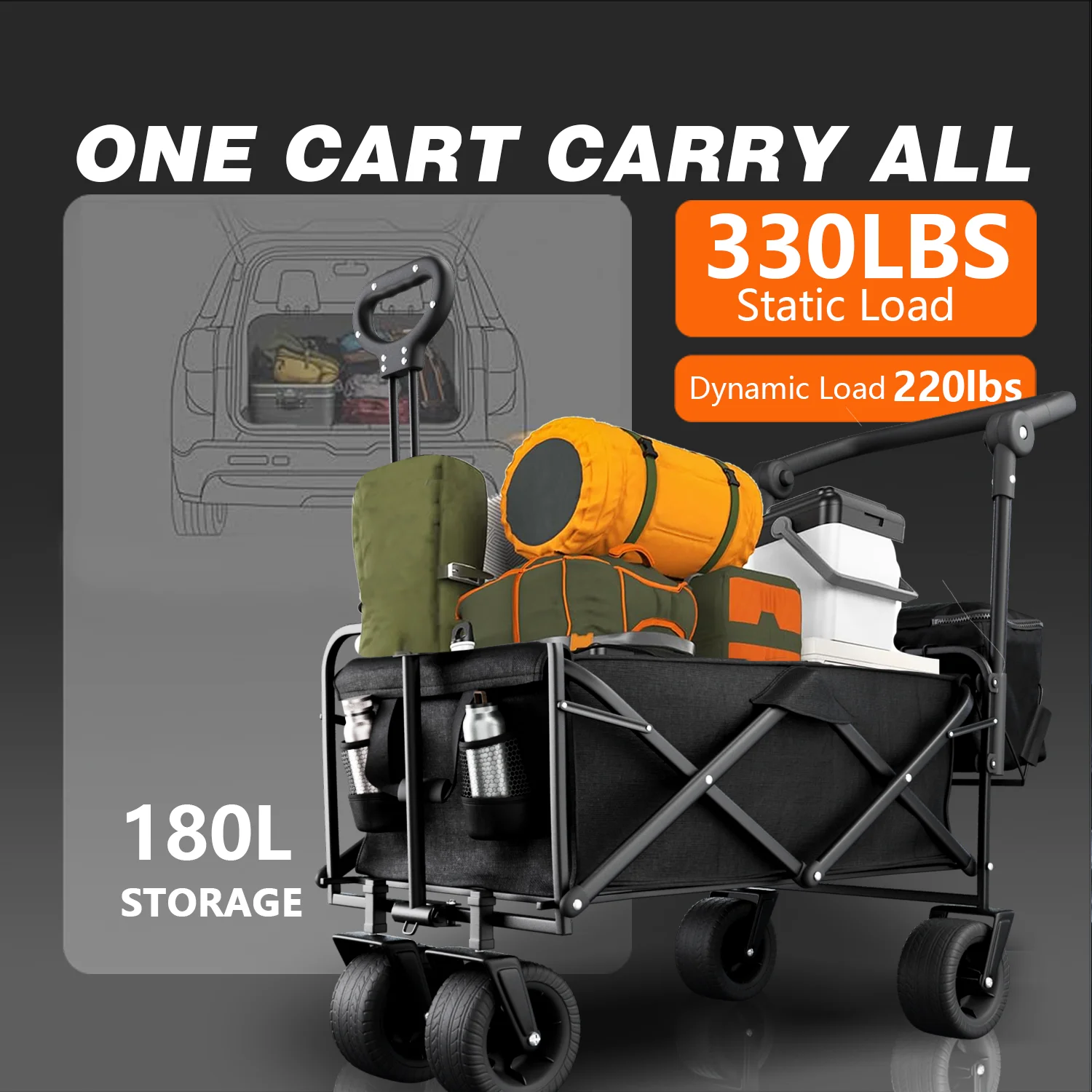 Large capacity folding wagon with accessories and rear-opening design for transporting groceries, food Supplies and equipment