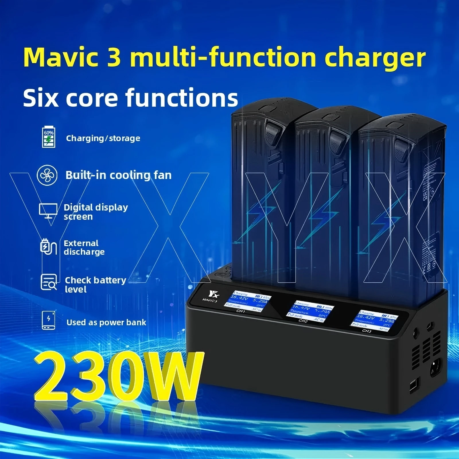 YX High-Power 230W Three Channels Drone Battery Charger Hub for DJI Mavic 3/3Cine/3Pro/Classic Two-Way Fast Charging Accessorie