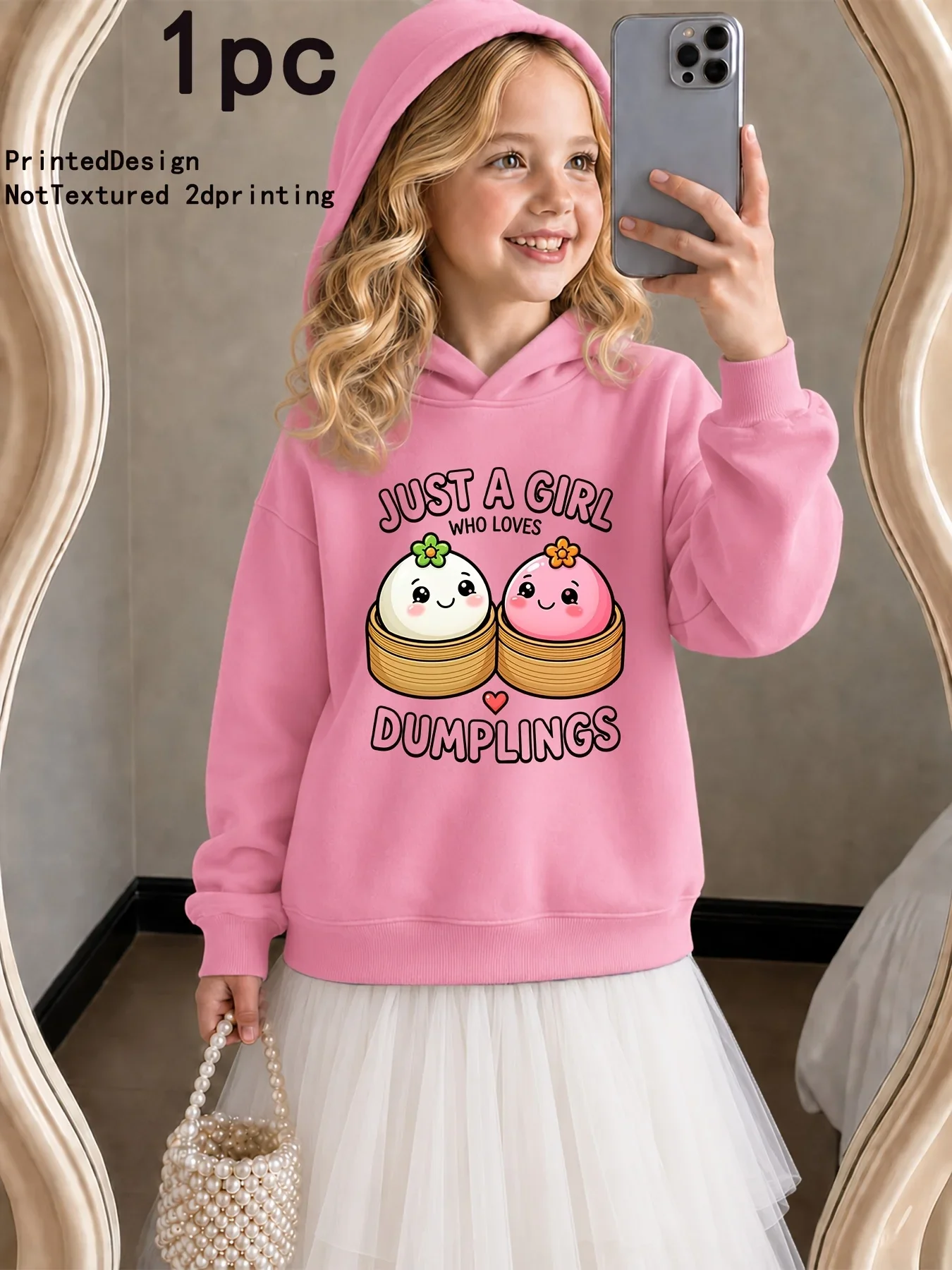 Just A Girl Who Loves Dumplings Kids Hoodie Autumn Winter Fleece Warm Cute Cartoon Graphic Print Casual Sweatshirt