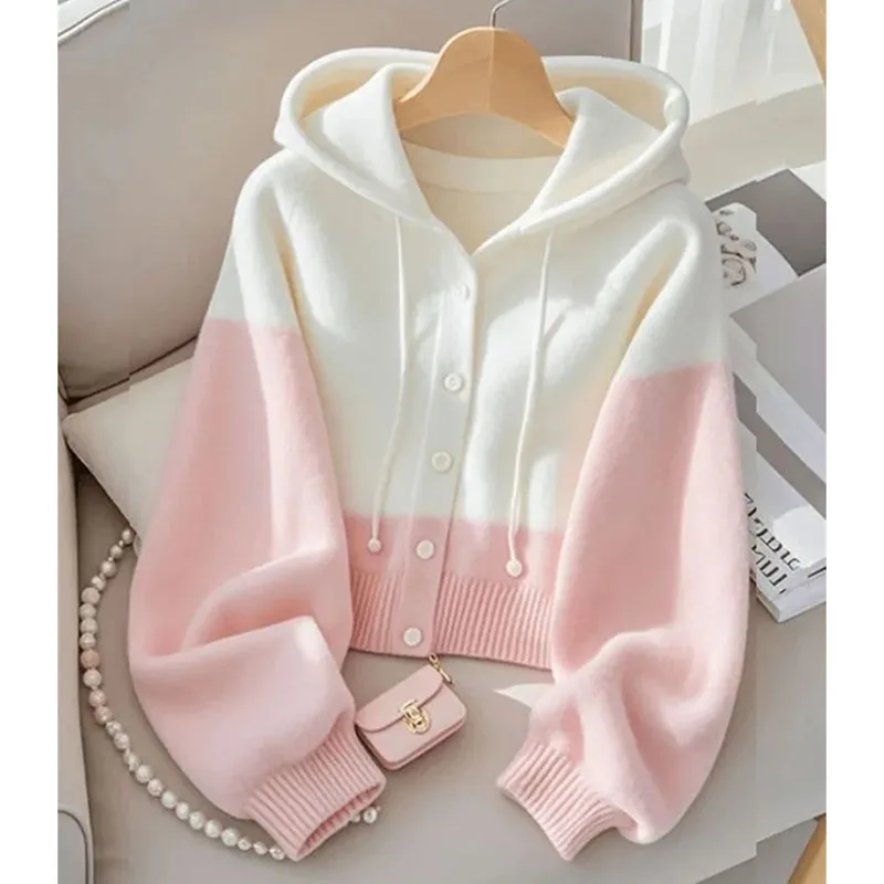2025 Ladies Fashion Hooded Loose Knitted Jacket Women Gradient Knittinng Cardigan Spring Autumn Female Long Sleeves Sweater Tops