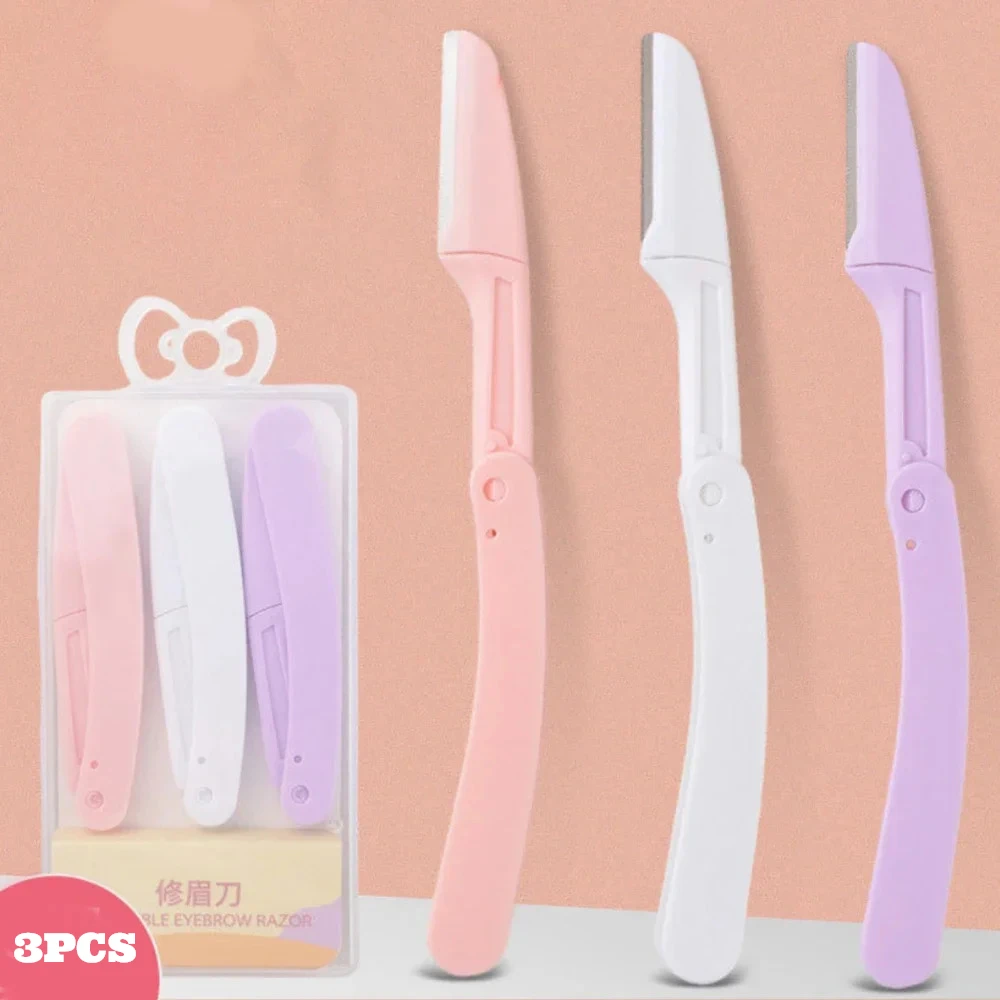 3Pcs 눈썹 트리머 세트 여성을위한 얼굴 관리 도구 3 색 휴대용 접이식 눈썹 칼 헤어 리무버 셰이퍼 면도기