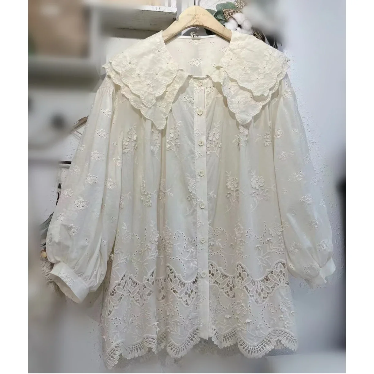 Victorian Retro Chic Cotton Linen Eyelet Floral Embroidery Lace Long Sleeve Shirt Female Rococo Tunic Loose Babydoll Blouse Top