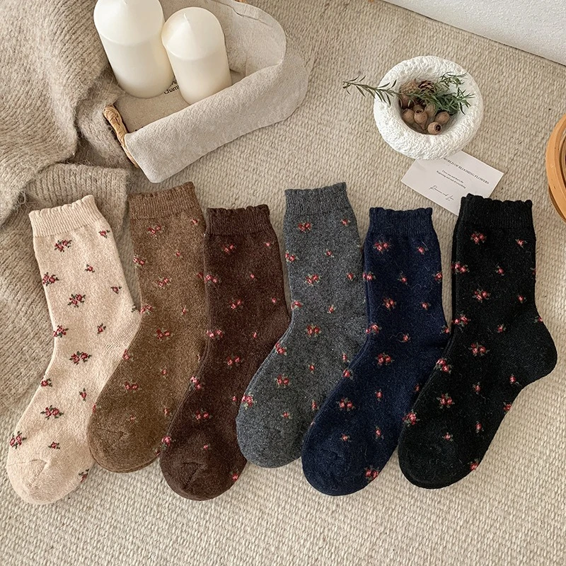 

5 пар женских носков, осенне-зимний комплект, теплые шерстяные носки с корейским цветочным узором, женские модные термоноски высокого качества