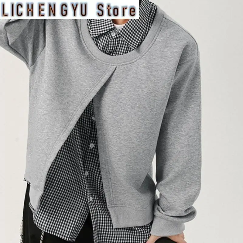 Men's Versatile and Fake Two Piece Design Fashion Korean Checked Printed Long Sleeve Sweatshirt 2025 New Autumn Solid Color Coat