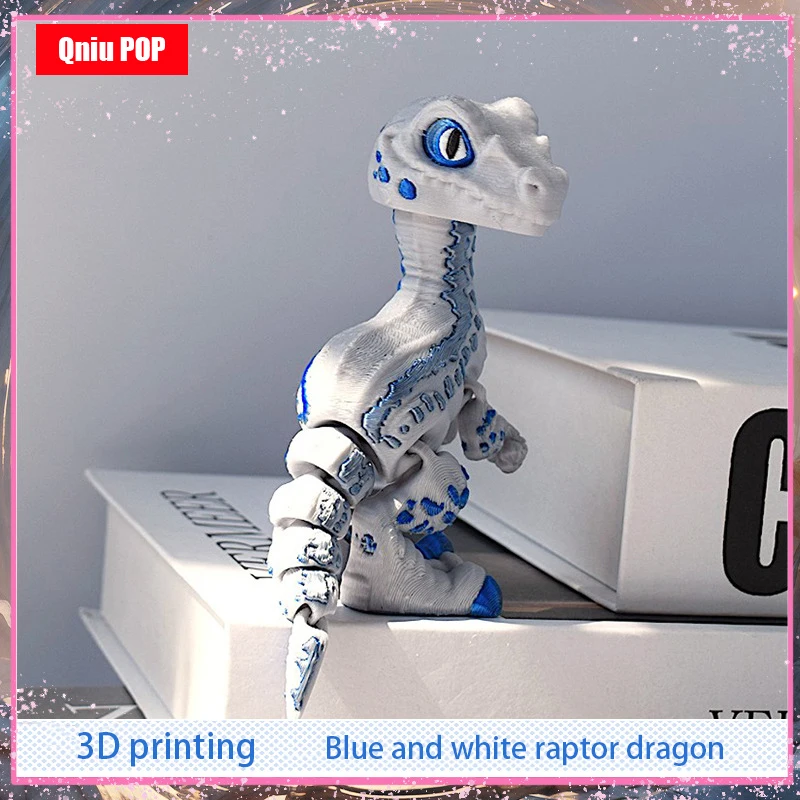 3D Printed Raptor Dragon Novel and Cute Blue and White Dinosaur Ornament Joint Movable Figurine Model