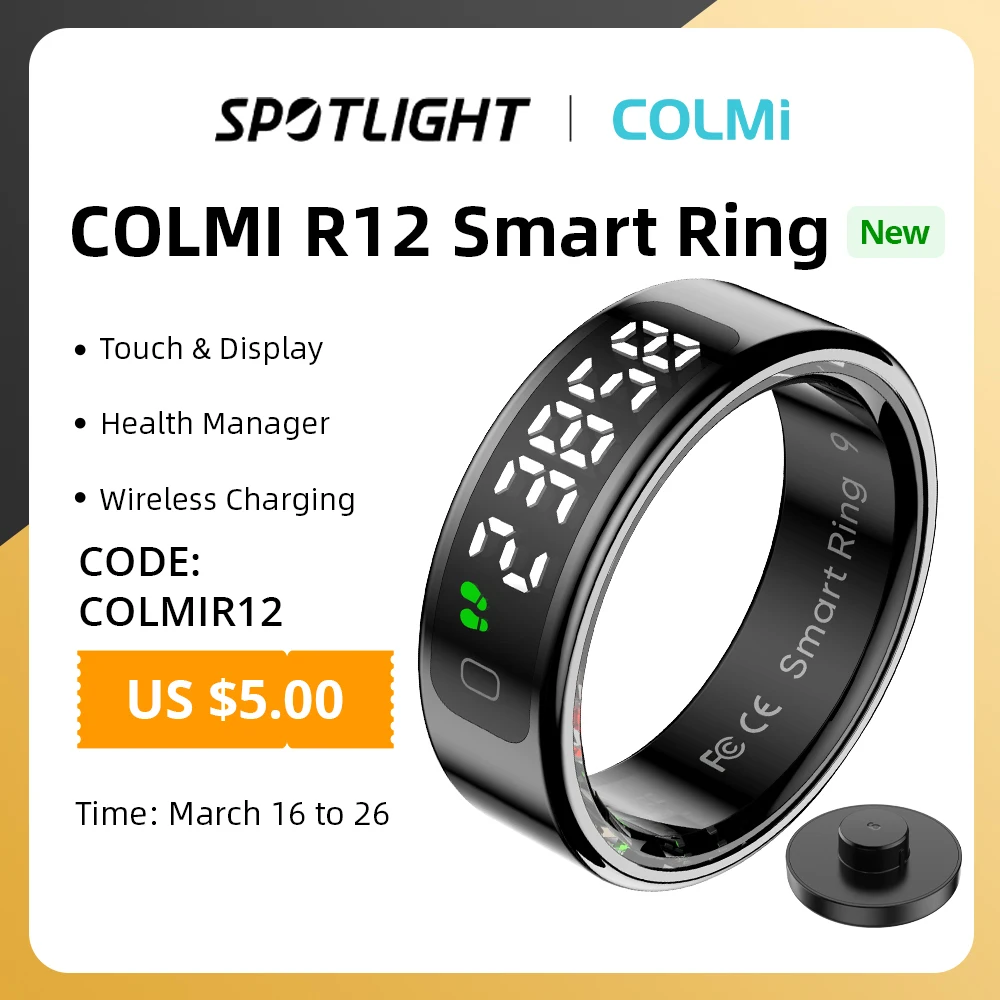 COLMI R12 Smart Ring with Display Screen and Touch, Health Manager, Wireless Charging, 5 ATM Waterproof For Men Women