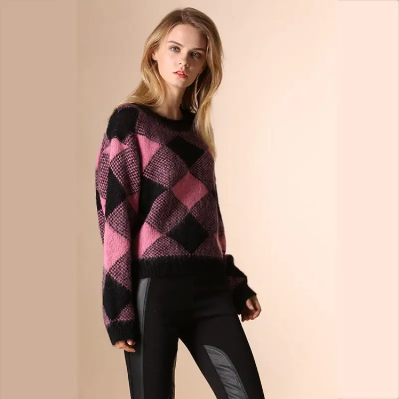 Emily In Paris Same Vintage Pullover Wool Knitted Loose Sweaters Pink Black Plaid Long Sleeve Women 2023 Spring New Top