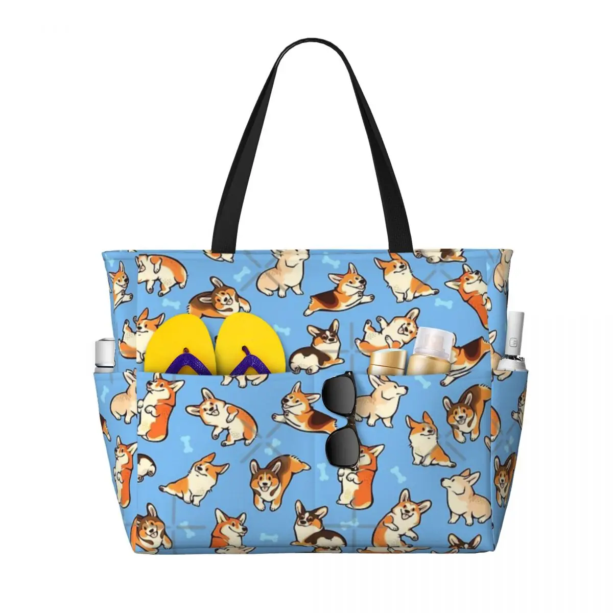 Jolly Corgis In borsa da viaggio da spiaggia blu, borsa a tracolla alla moda di grande capacità con motivo Multi-stile