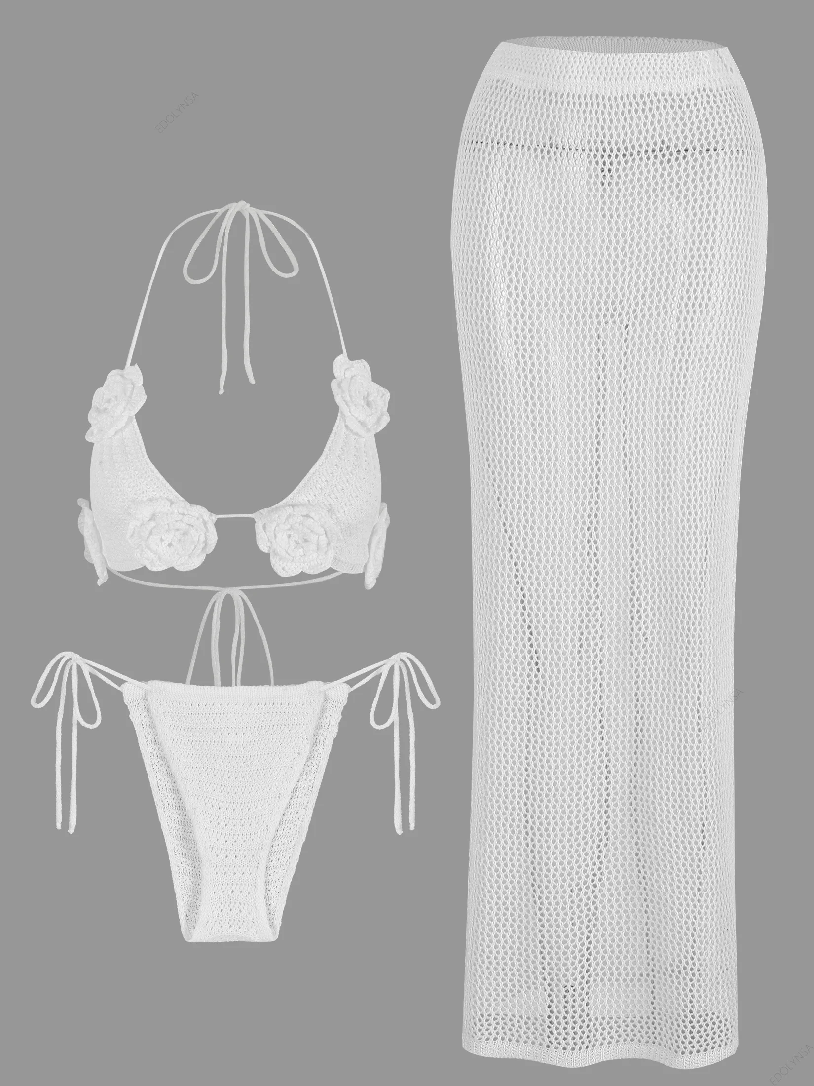 

2025 Sexy Crochet Swimwear 3 Piece Bikini Set Floral Bathing Suit with Skirt Sheer Knit Beachwear Vacation Dresses Swimsuit K160