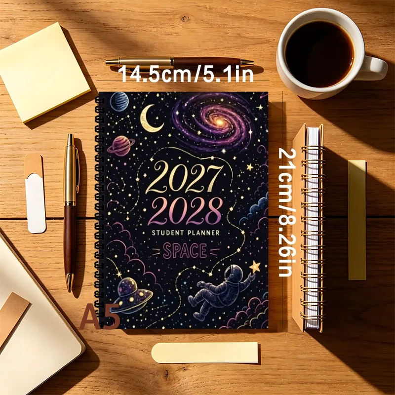A5 Spiral Bound Planner 2027-2028 Space Themed Monthly and Weekly Task Lists and Schedules Academic Student Planner