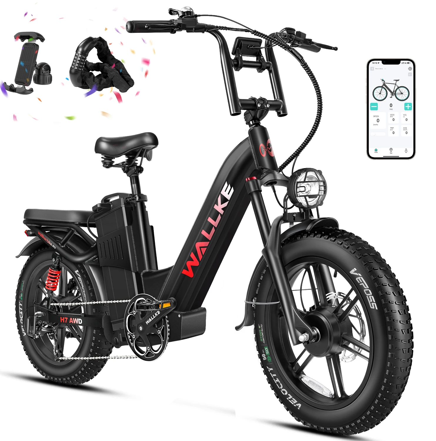 W Wallke H7 Electric Bike 1200W/2000W Dual Motor Ebike 40Ah/60Ah Step Thru E-Bike 20'' Fat Tire Electric Bicycle W/APP Control