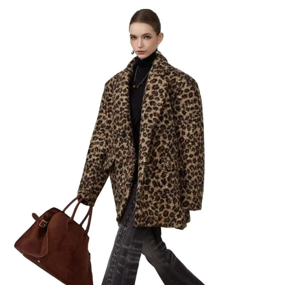 Winter Retro Brown Curly Leopard Faux Fur Coat Women Notched Double-breasted Buttons Shaggy Warm Oversized Blazer Outerwear