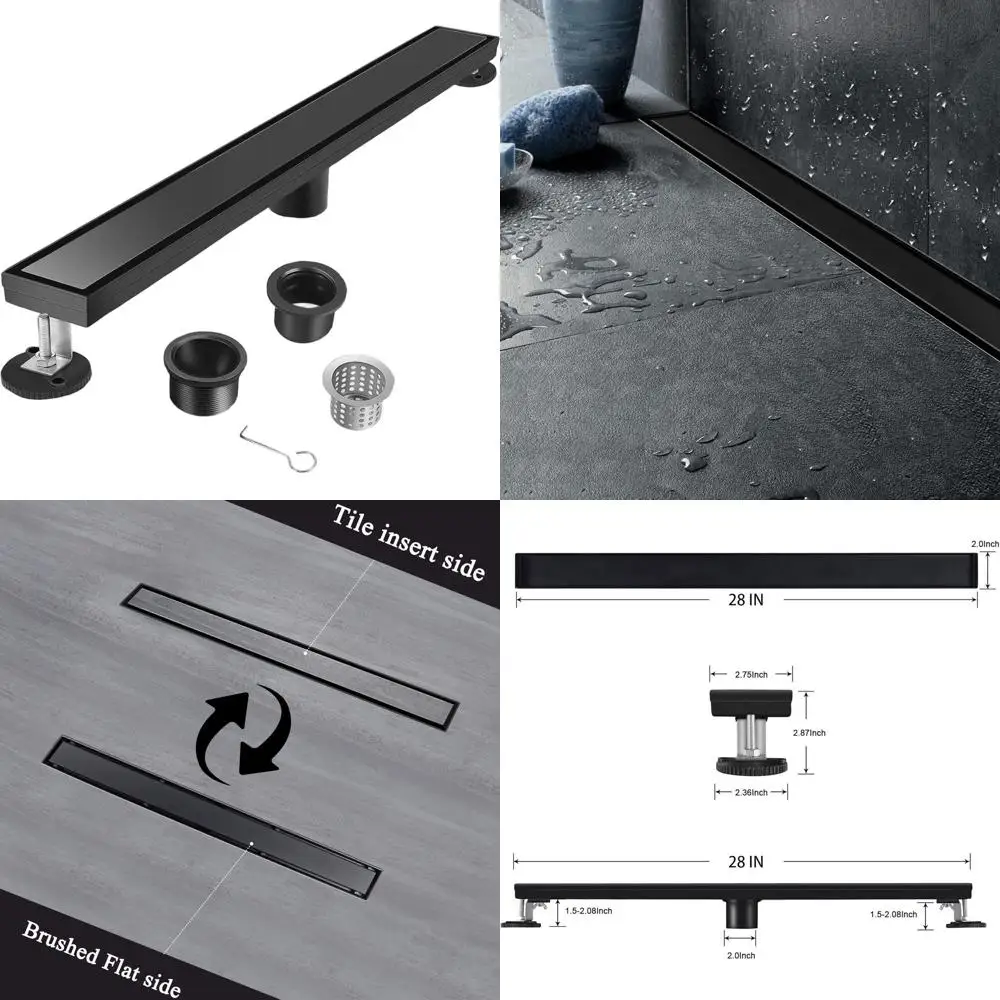 

28 Tile-Inset Linear Shower Drain, Matte Black, Reversible Flat Cover, Brushed Stainless Steel with Hair Catcher