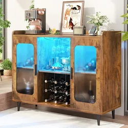 Wine Bar Cabinet with Power Outlet, Liquor Cabinet Bar LED Light and Glass Holder, Home Coffee Bar Cabinet, Buffet Sideboard