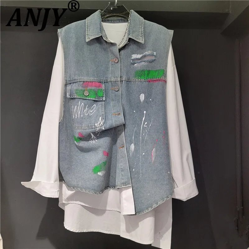 

ANJY Autumn New Women Chic Jacket Colorful Graffiti Letter Denim Waistcoat Patchwork Long Sleeve Shirt Fake Two-Piece Coat A9912