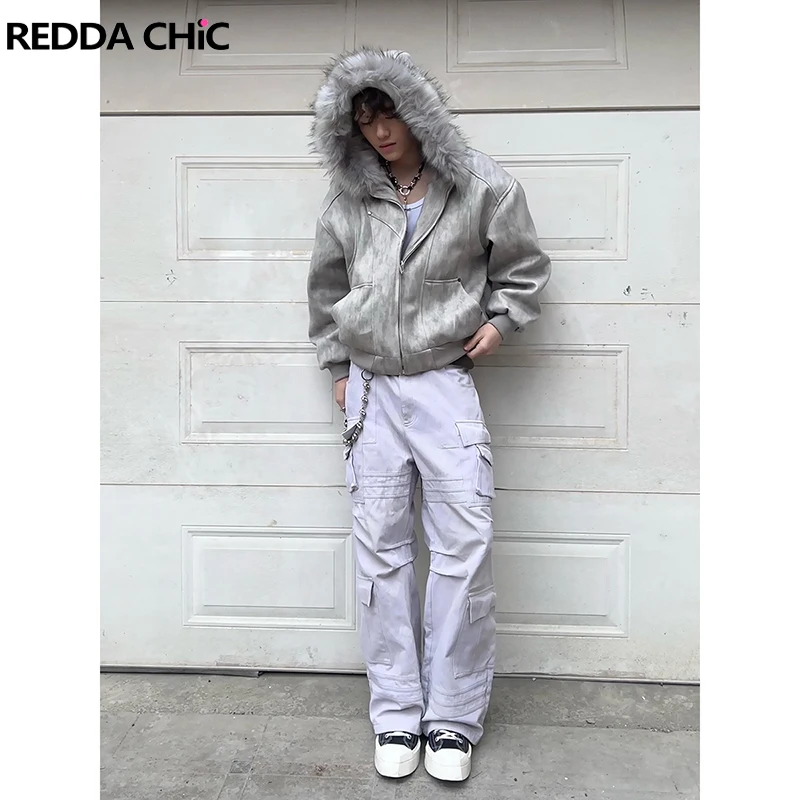 

ReddaChic Мужская куртка-бомбер с капюшоном из искусственного меха и карманами Осень-зима Утолщенное хлопковое пальто на молнии в стиле хип-хоп, панк, уличная одежда