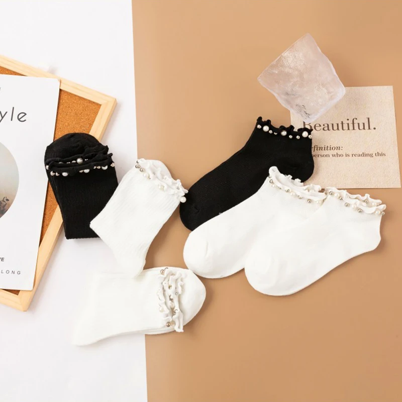 5 Pairs Cotton Short Socks For Women Spring and Autumn Fashion Pearl Breathable Casual Princess Dress Preppy Style Mid-tube Sock
