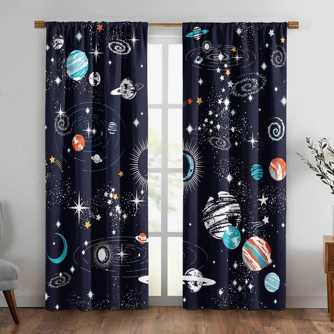 Premium Galaxy Planet Stars Curtain Set Navy Blue Space Astronomy Window Drapes for Living Room Decor