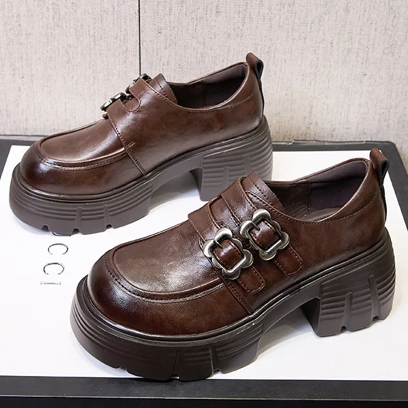 

Женские лоферы на высоком каблуке из натуральной кожи весны 2020, модельные туфли на толстой подошве в стиле ретро, универсальные удлиняющие слипоны для юбок